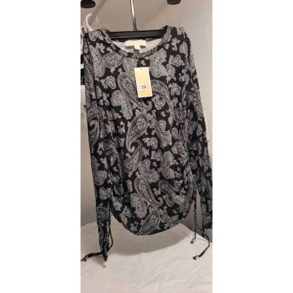MICHAEL KORS Womens Black Ruched Floral Long Sleeve Crew Neck Top S